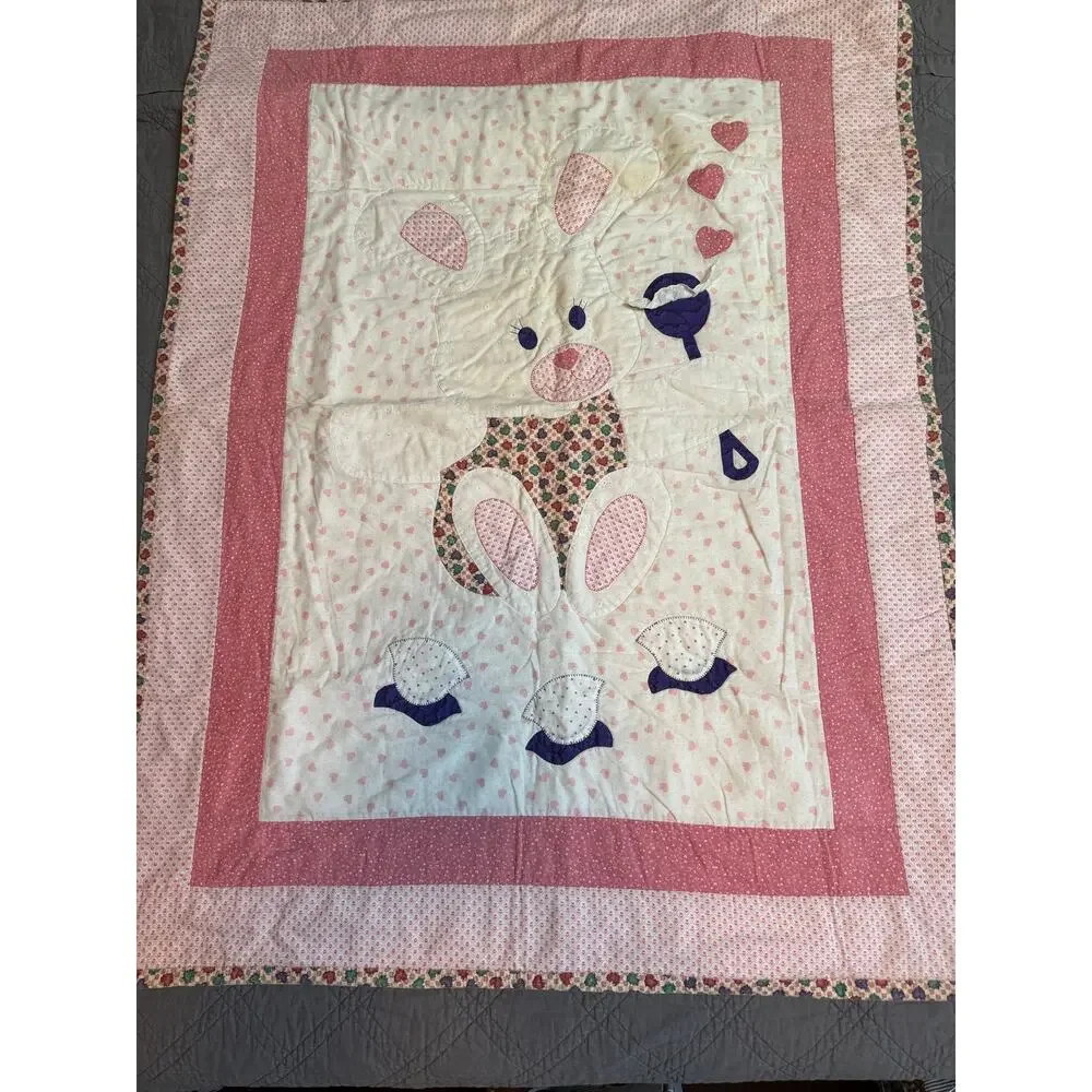 90s VTG Handmade Hunny Bunny Rabbit Baby Quilt Crib Blanket Pink & White Hearts
